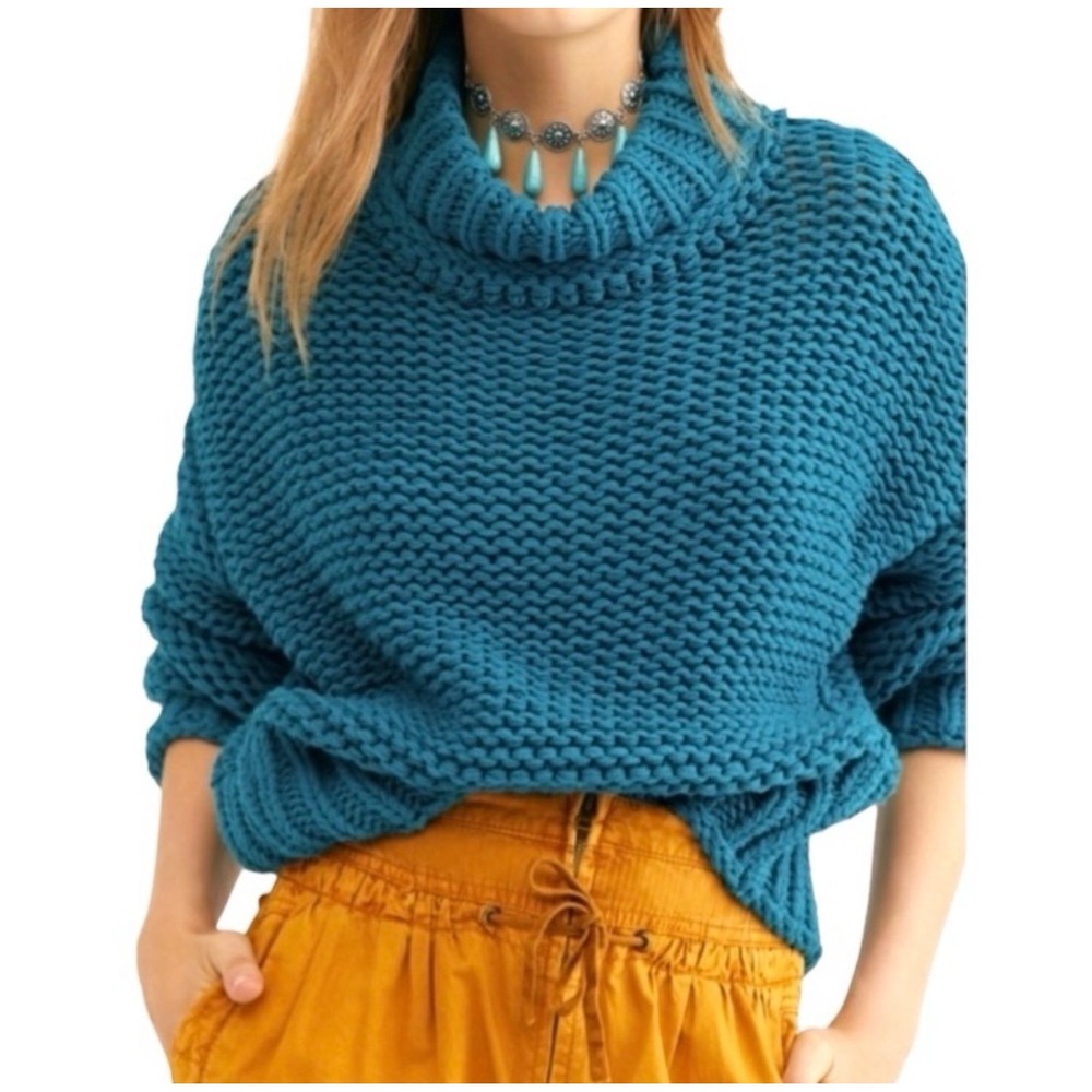 Free People My Only Sunshine Oversized Chunky Knit Sweater Teal Blue Medium